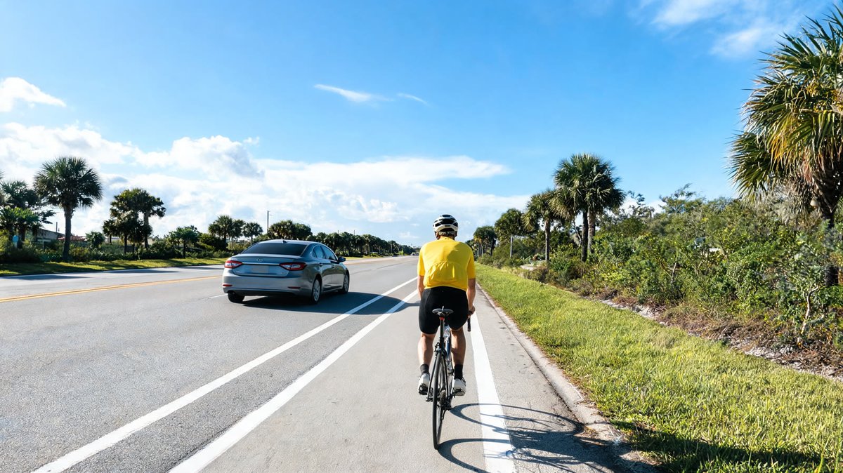 A cyclist in a yellow jersey rides in a marked bike lane on a palm-lined road under a blue sky, with a silver sedan farther ahead in the next lane