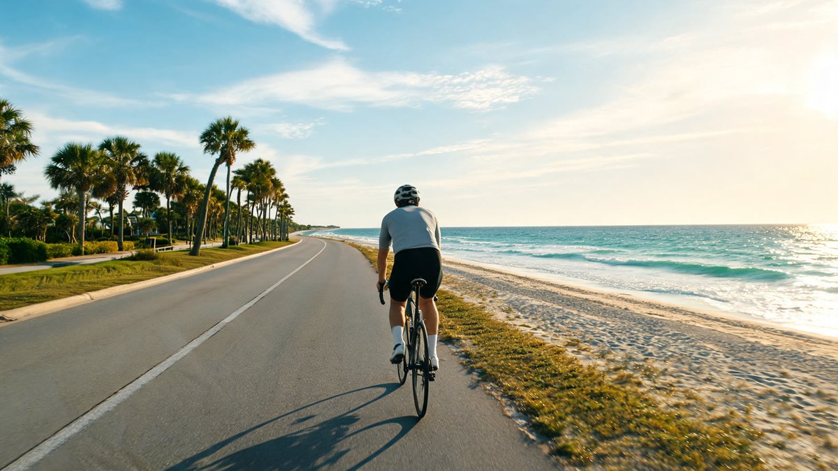 A cyclist in a gray jersey and black shorts rides away from the camera on a beachside road lined with palm trees, with the ocean and sand on the right in bright morning sun