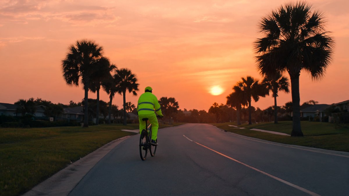 A cyclist in a bright yellow-green reflective jacket and pants rides down a quiet palm-lined residential street at sunset
