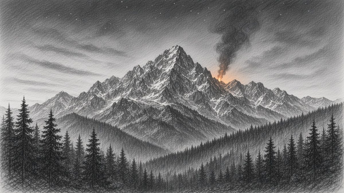 Pencil sketch of an alpine mountain ridge at night with a faint orange glow and smoke rising above it
