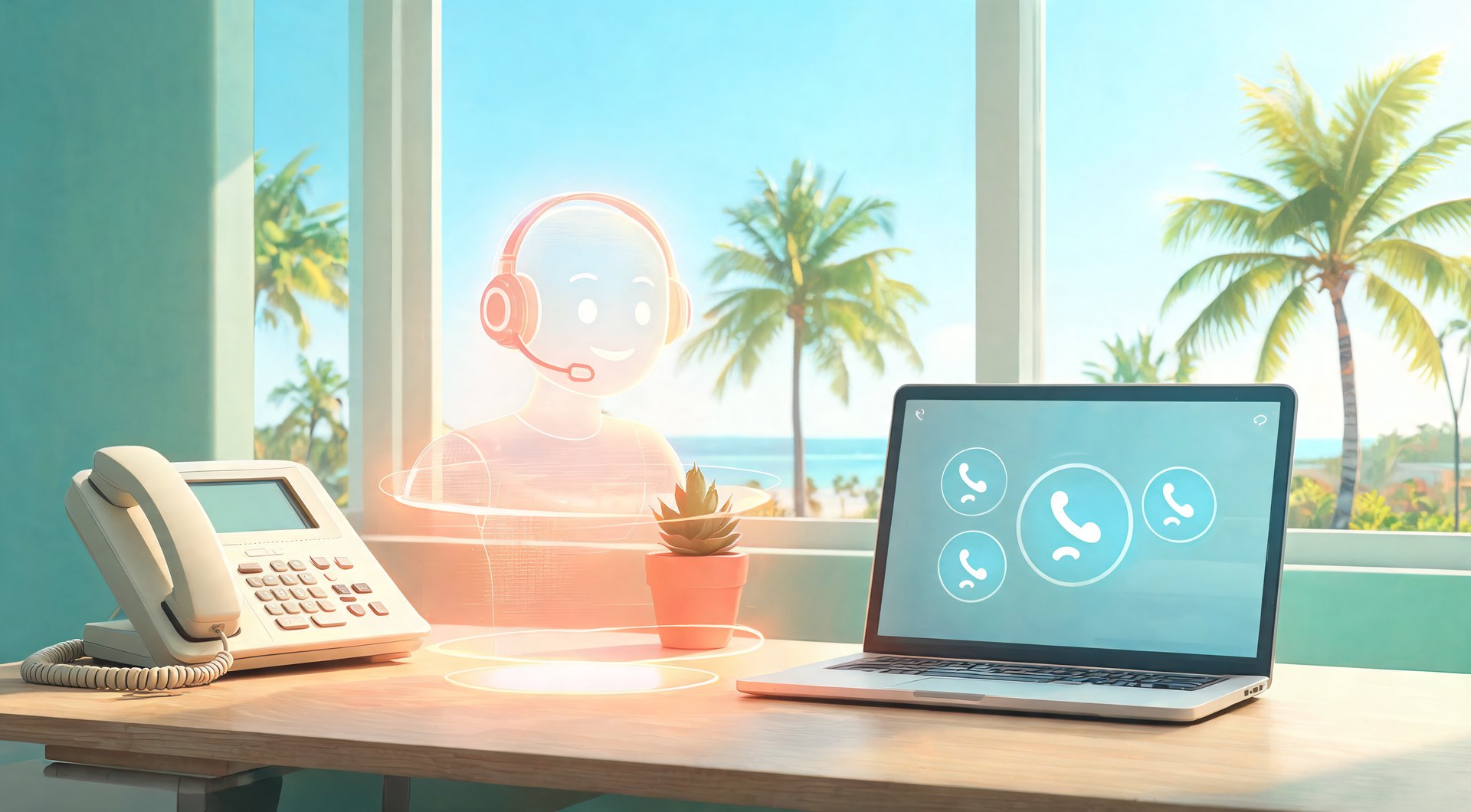 Friendly AI receptionist hologram with headset handling calls in a bright Florida office