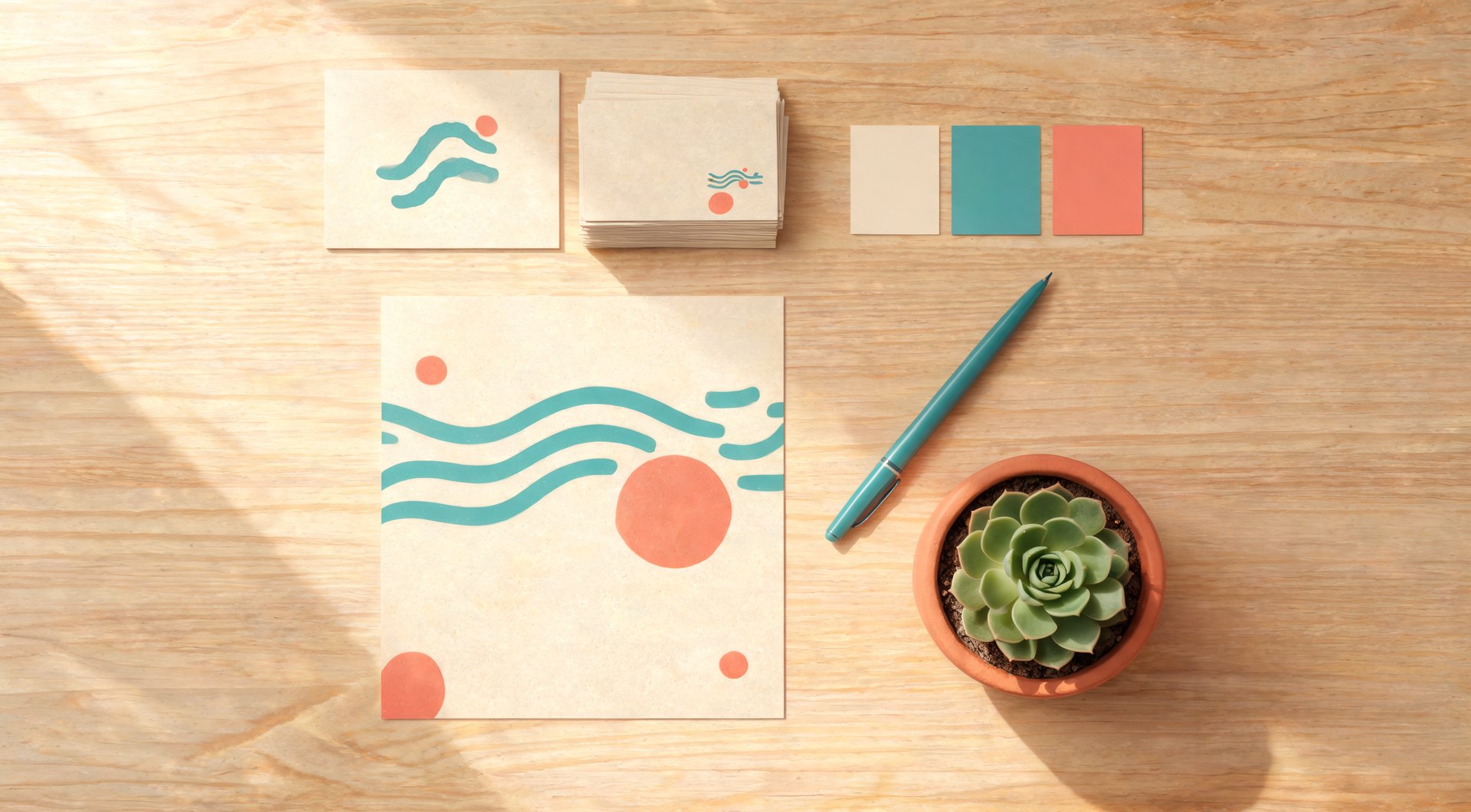 Overhead desk flat-lay of logo card business cards flyer and coastal color swatches
