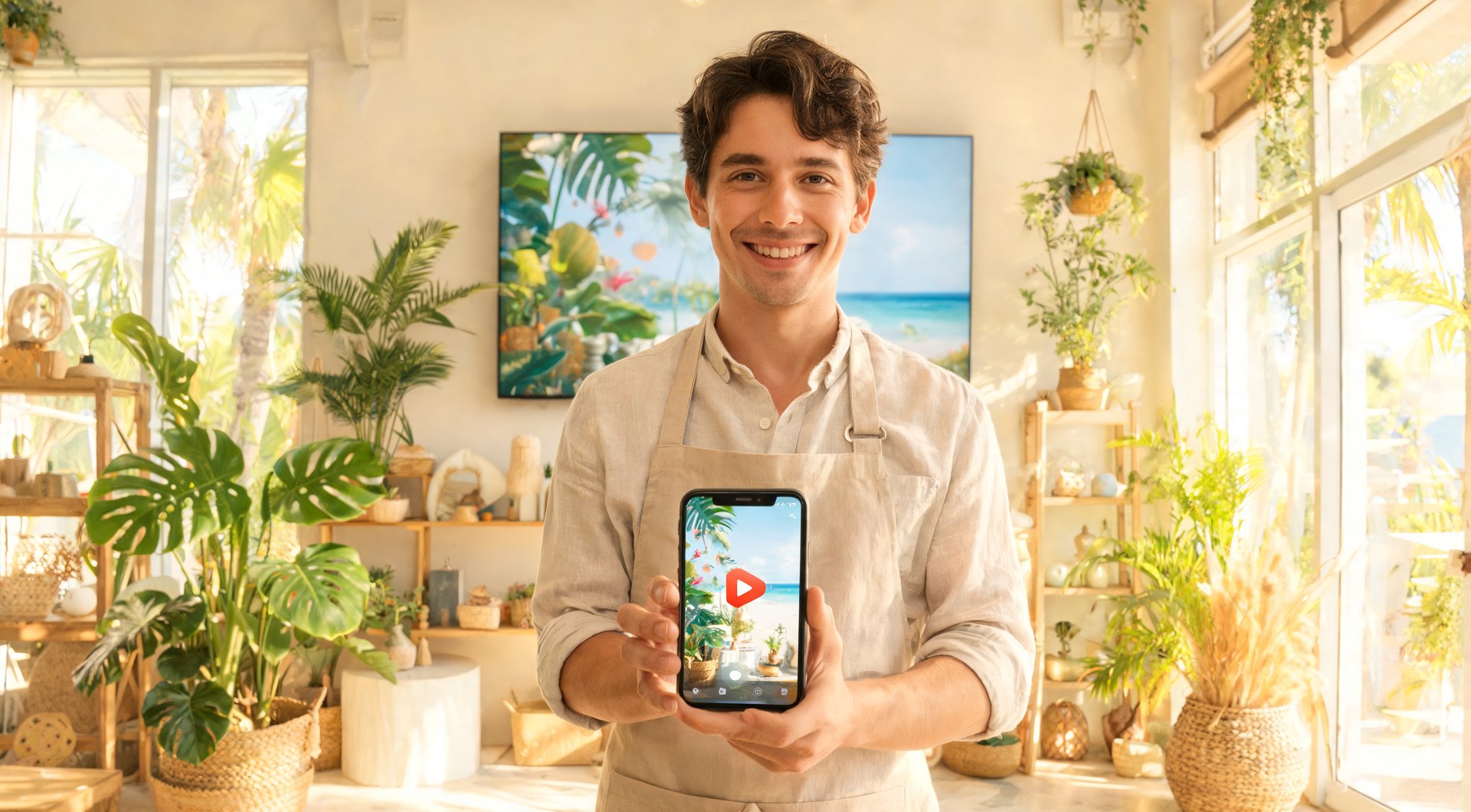 Local shop owner holding a phone playing a promo video with a wall screen behind