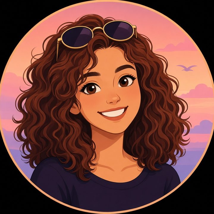 Sample profile picture for a fictional business: Illustrated curly-haired woman avatar on sunset circle