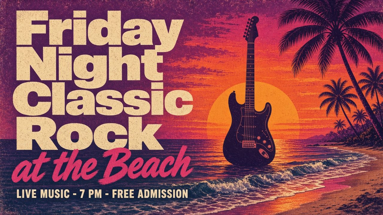 Sample event flyer for a fictional business: Retro 70s sunset beach flyer with guitar; 'Live Music - 7 PM - Free Admission'