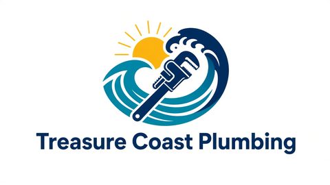 Sample logo for a fictional business: Wave + pipe wrench emblem with sun, navy/teal wordmark