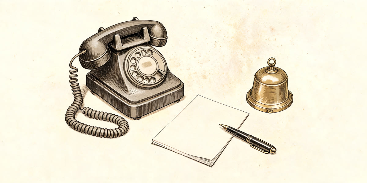 Pencil sketch of a desk telephone and a notepad of call messages