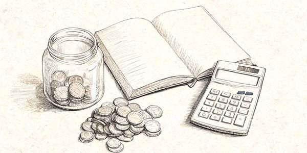 Pencil-sketch illustration of a calculator, coins and a notebook