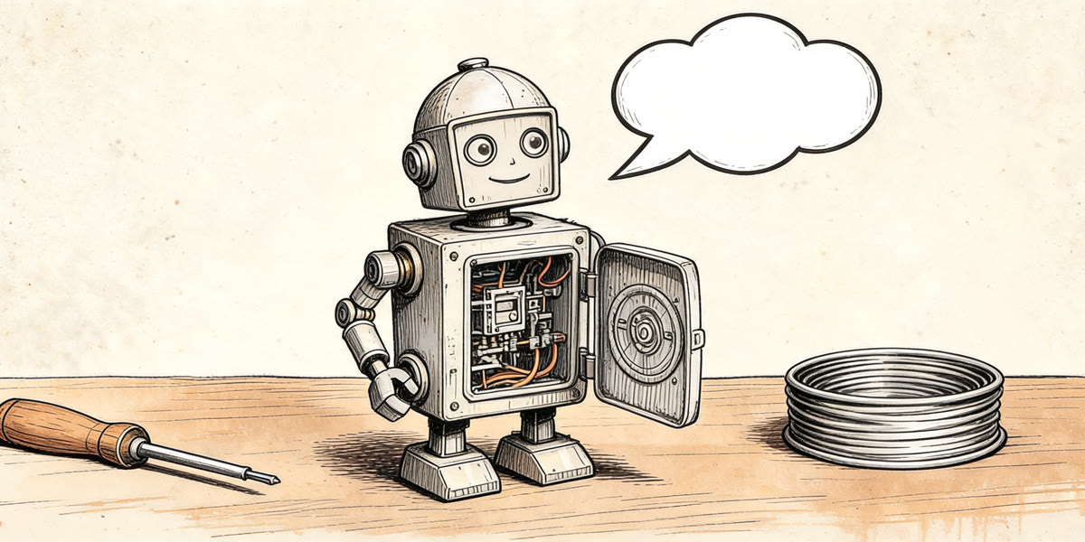 Pencil sketch of a small friendly robot being assembled on a workbench