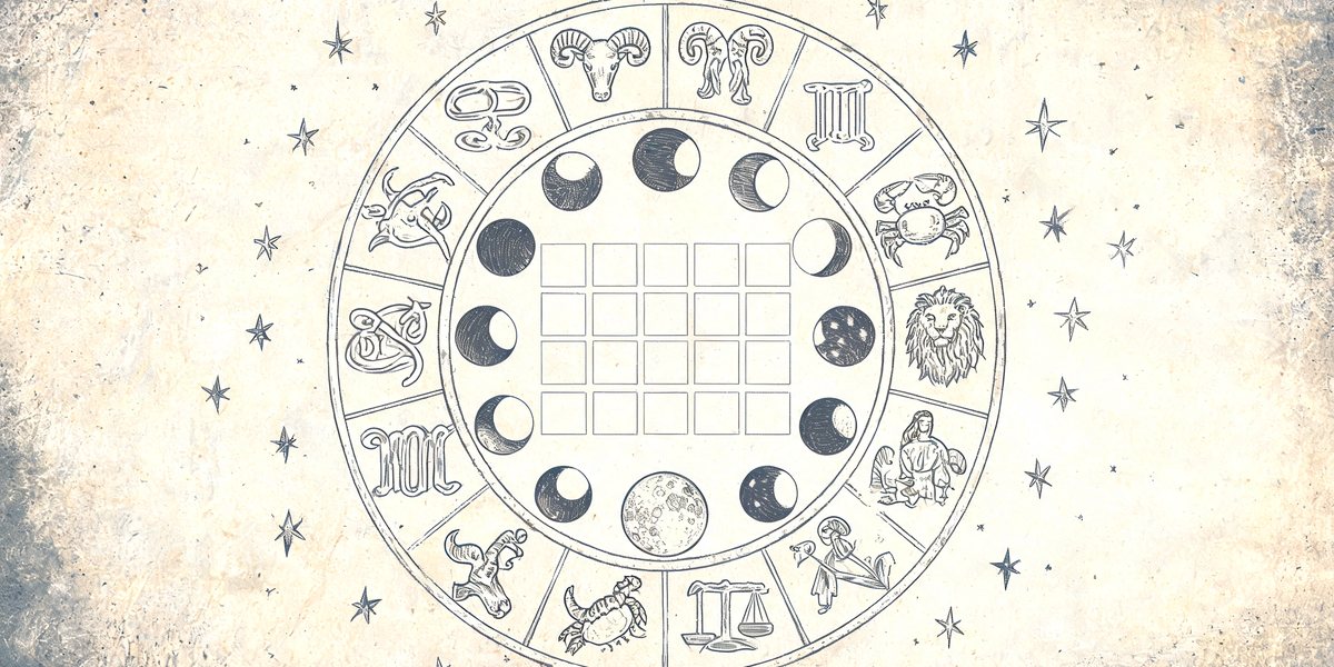 Pencil sketch of a calendar with zodiac and moon-phase symbols