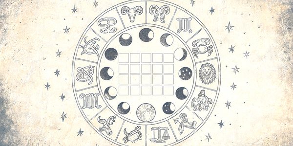 Illustration of a calendar with zodiac and numerology symbols