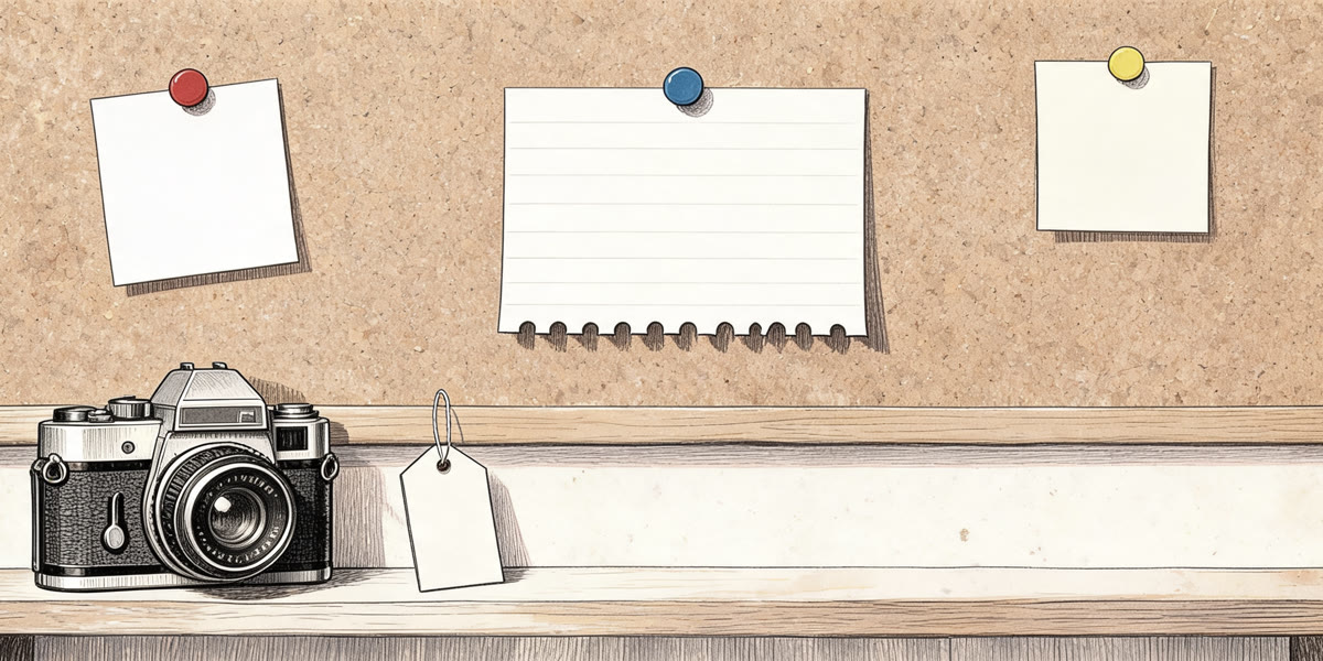 Pencil sketch of a cork notice board with pinned blank cards