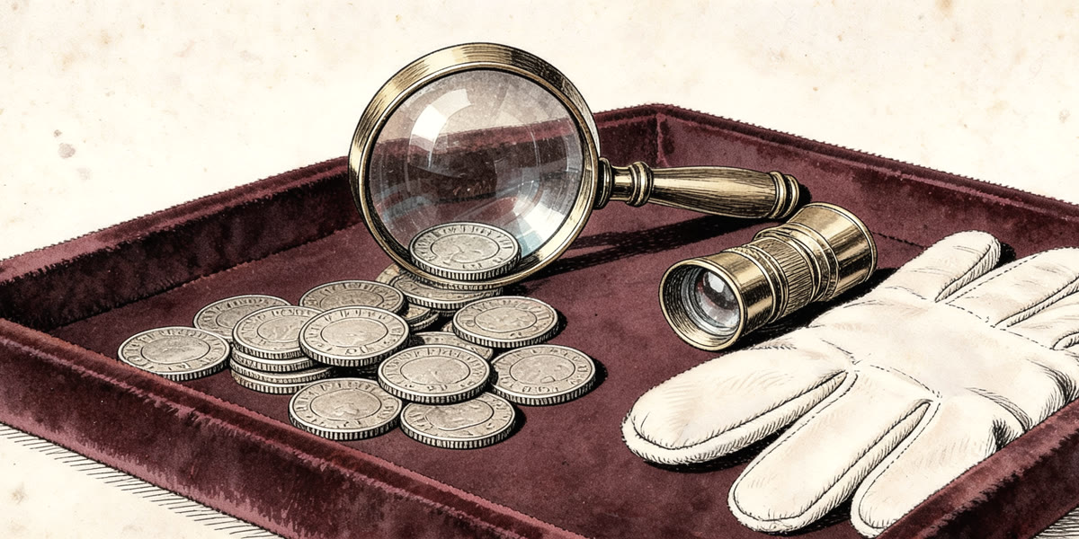 Pencil sketch of a magnifying glass over coins