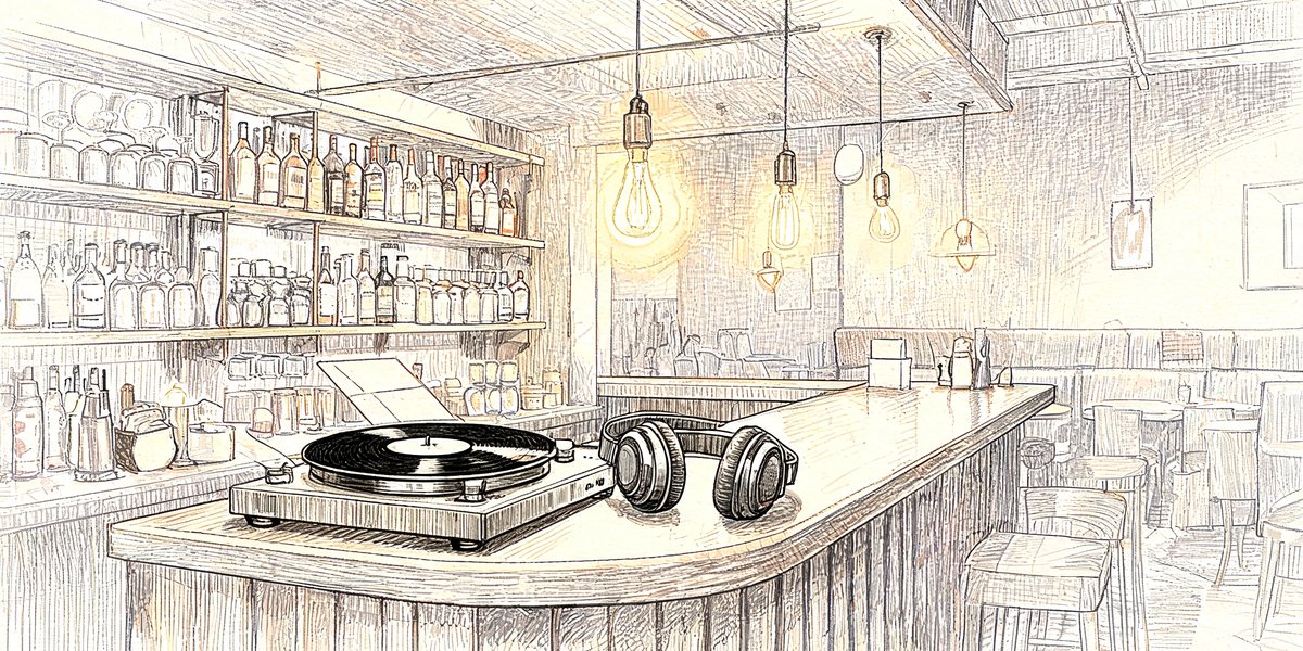 Pencil sketch of a turntable and headphones on a bar counter