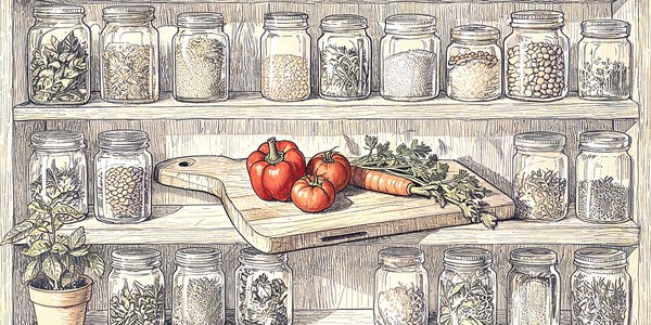 Illustration of a pantry shelf with fresh ingredients and a recipe book