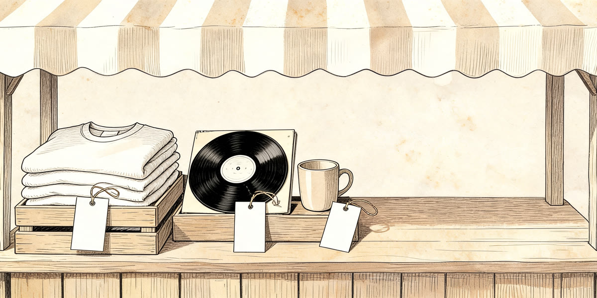 Pencil sketch of a small market stall with handmade goods