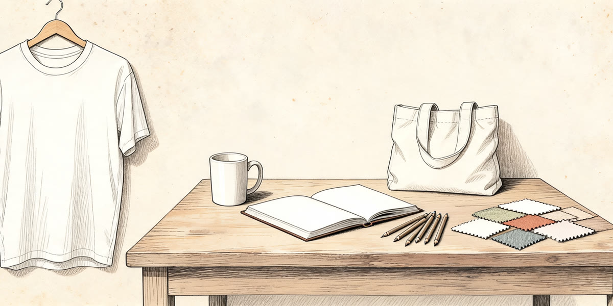 Pencil sketch of a blank t-shirt, mug and tote bag on a worktable