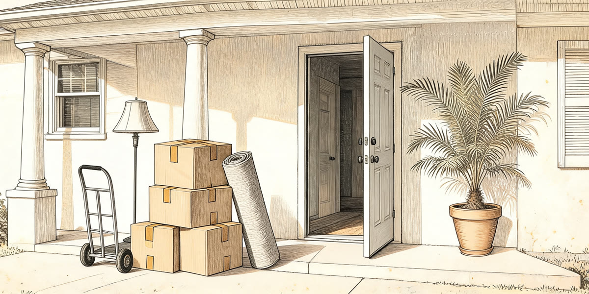 Pencil sketch of moving boxes by an open front door