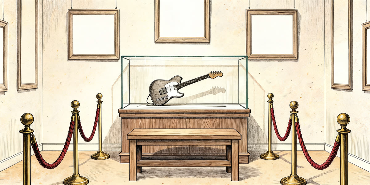 Pencil sketch of a quiet gallery room with a guitar in a display case