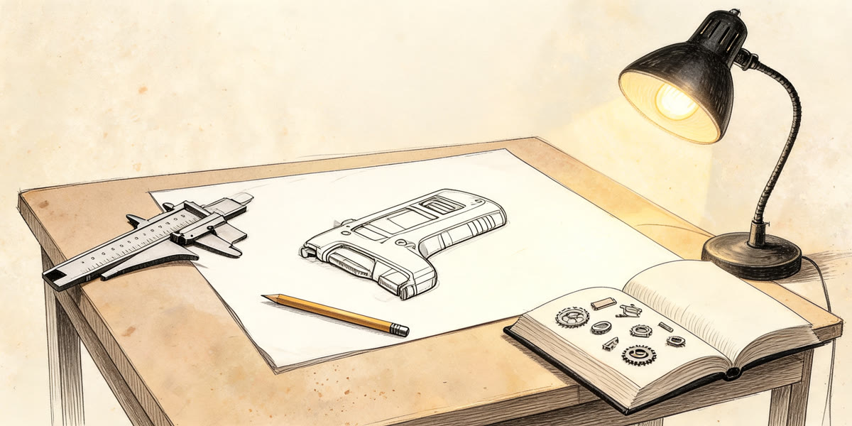 Pencil sketch of a drafting table with a gadget sketch, calipers and a lamp