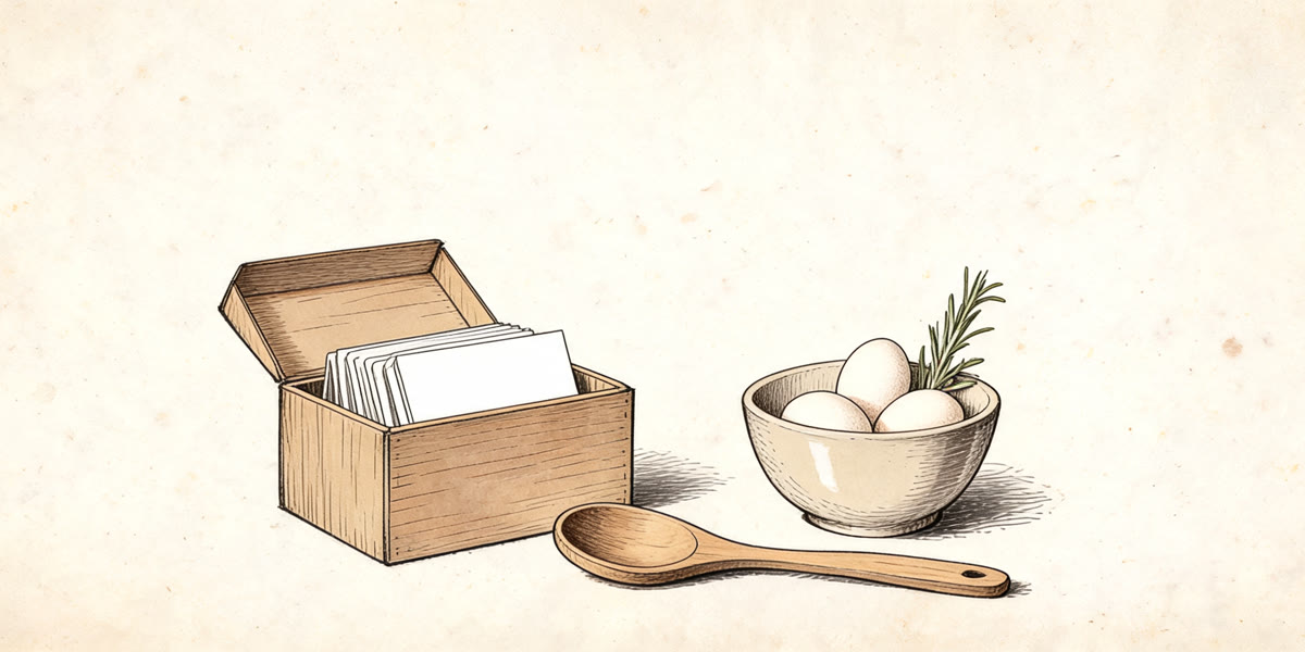 Pencil sketch of a blank recipe card beside a mixing bowl and spoon