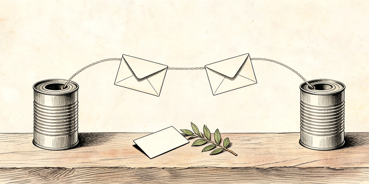 Pencil sketch of two envelopes and a gift card linked by a paper chain