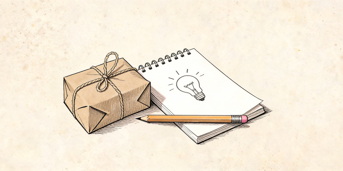 Pencil sketch of a sketchbook, pencils and an empty parcel box
