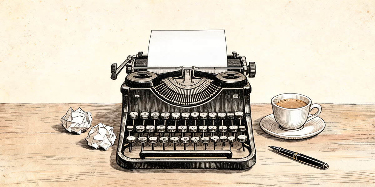 Pencil sketch of a typewriter with a blank page and a fountain pen