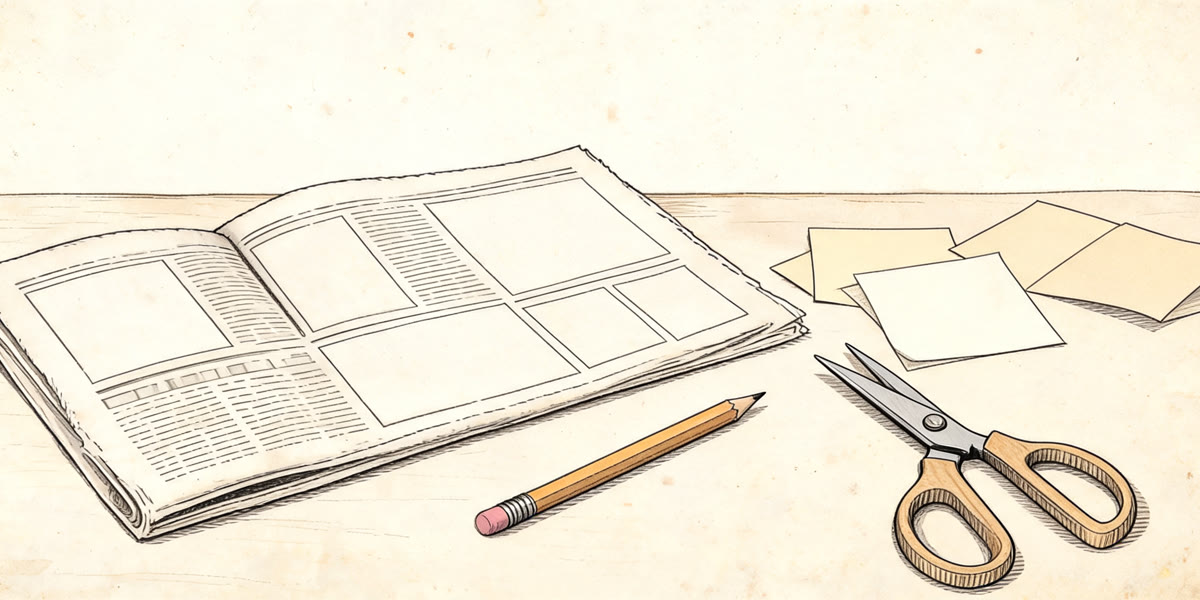 Pencil sketch of a folded newspaper with an empty column and a pencil