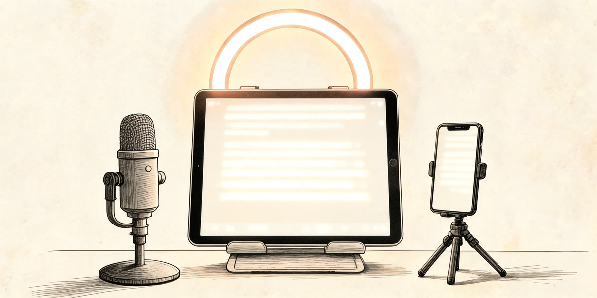 Pencil sketch of a tablet on a stand with a microphone and a soft light