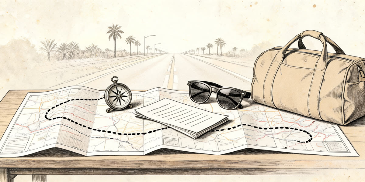 Pencil sketch of a road map, a compass and a packed travel bag