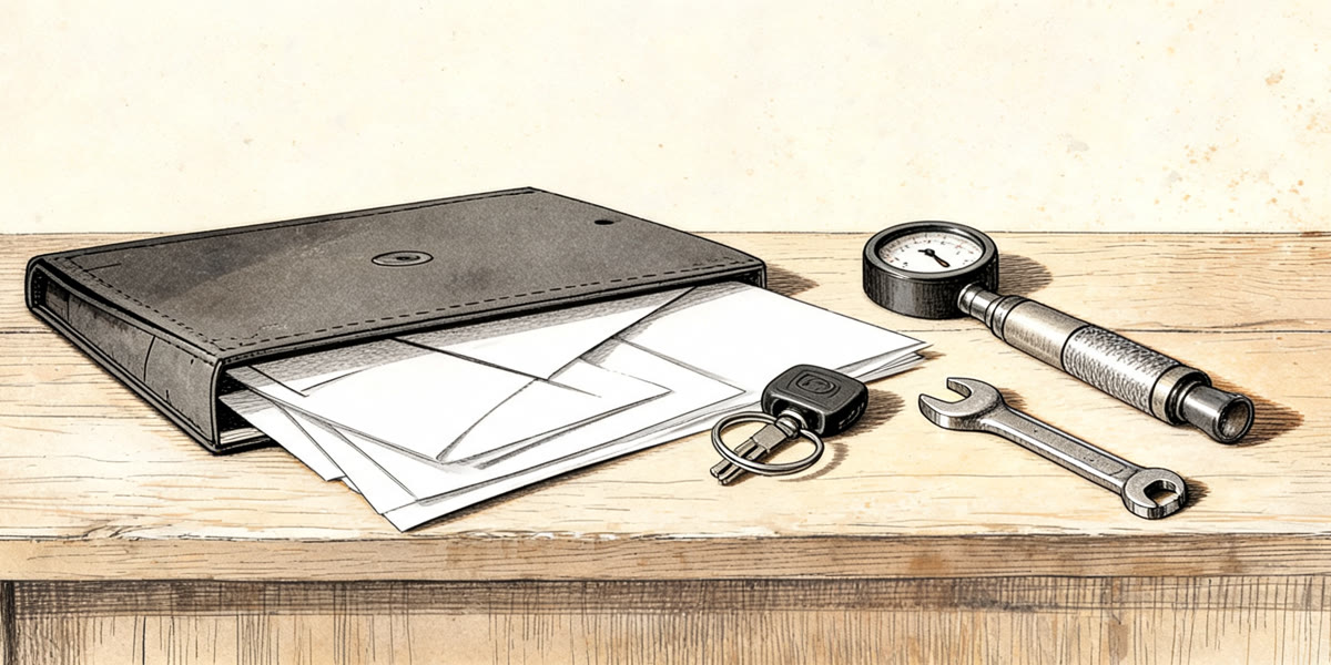 Pencil sketch of a service logbook, wrench and receipts beside a car key