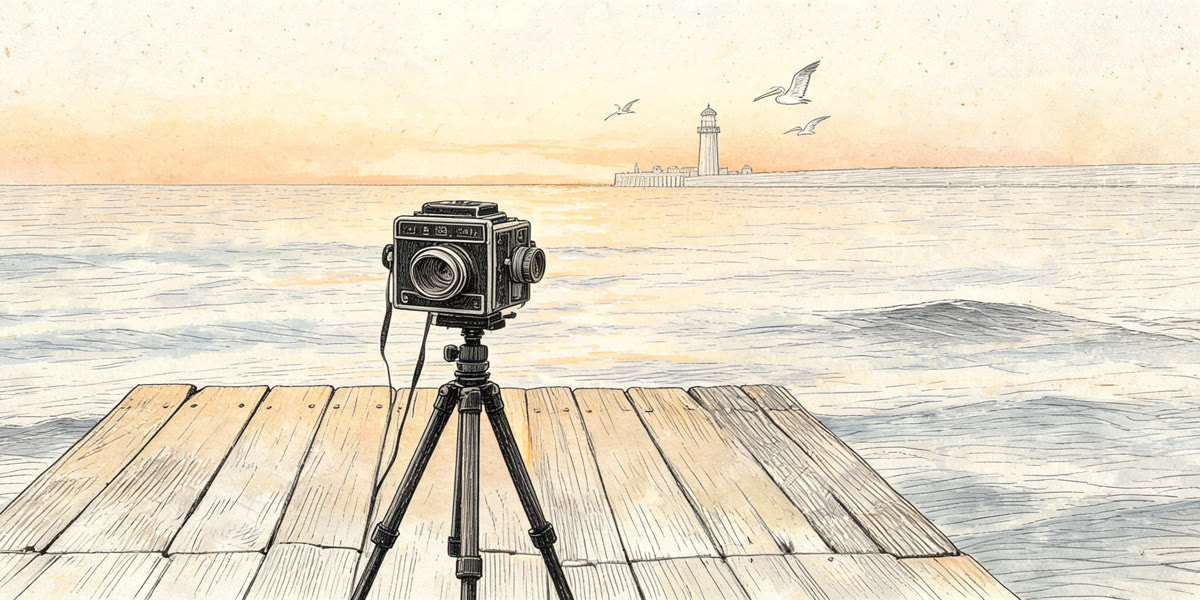 Pencil sketch of a camera overlooking a Florida beach and pier