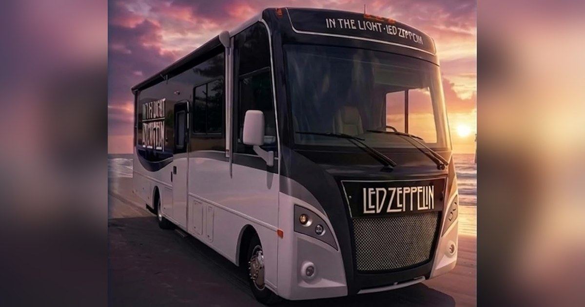 Placeholder image of the Led Zeppelin Bus tour bus at sunset.