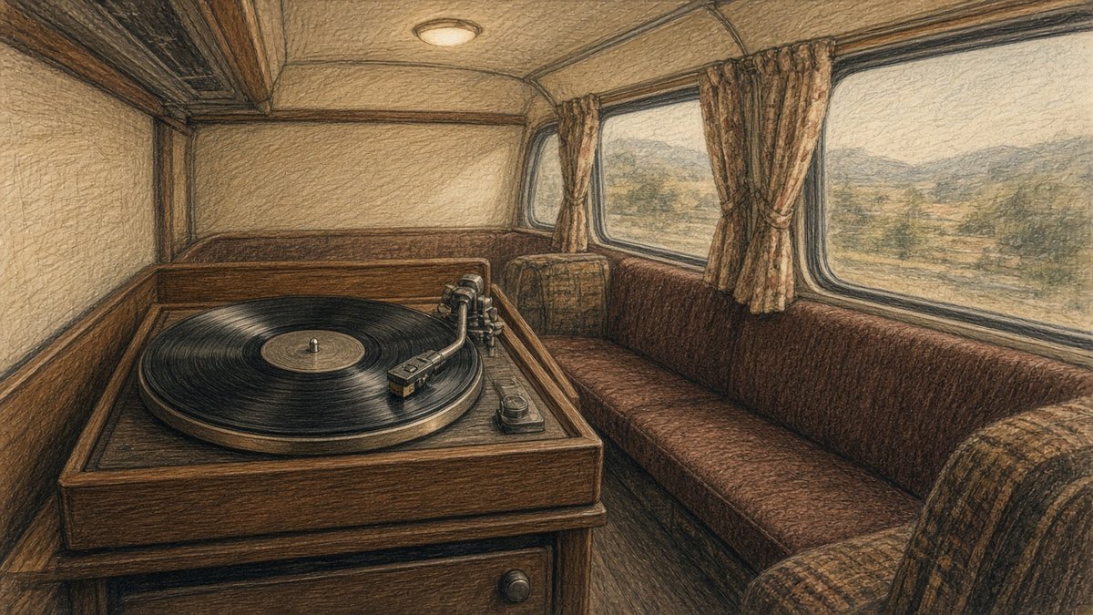 Pencil illustration of a vintage tour bus interior with a record turntable on a wooden cabinet, a brown bench seat and curtained windows looking out at hills.