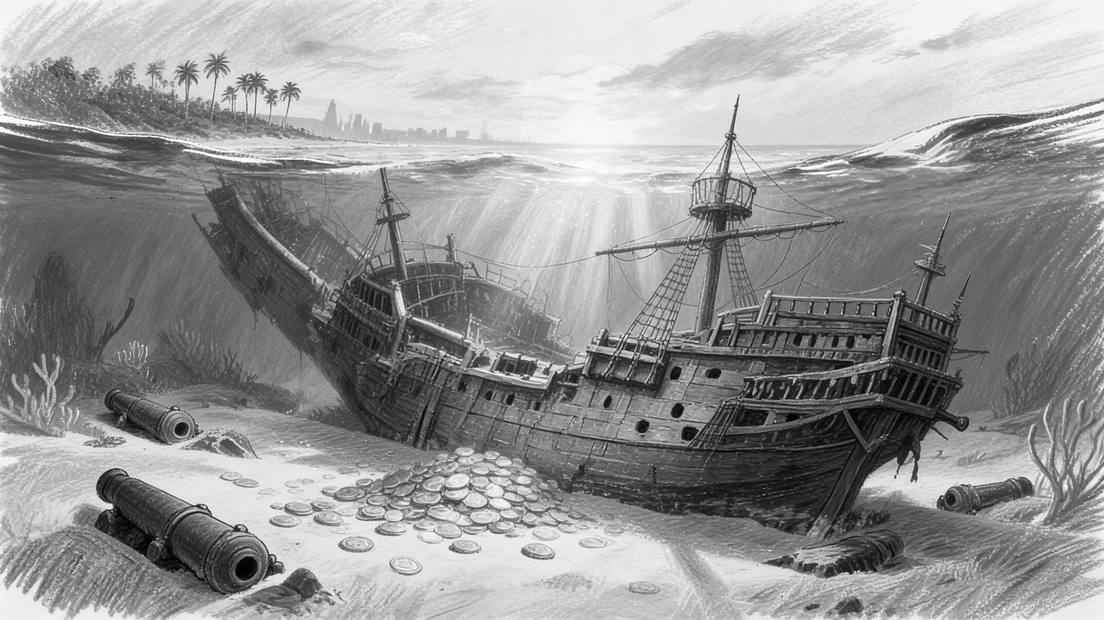 Pencil illustration of a sunken galleon on a sandy sea floor