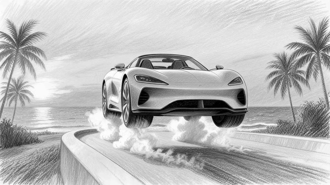 Colored pencil illustration of a white sports car lifting off a curved ramp in a puff of vapor